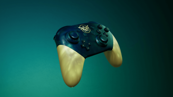 Une manette Nintendo Switch Pro flottant. Elle est personnalisée à l'image du jeu Zelda Tears of the Kingdom, aux couleurs dorées et bleues, avec des marques ressemblant aux glyphes que l'on retrouve dans l'oeuvre.