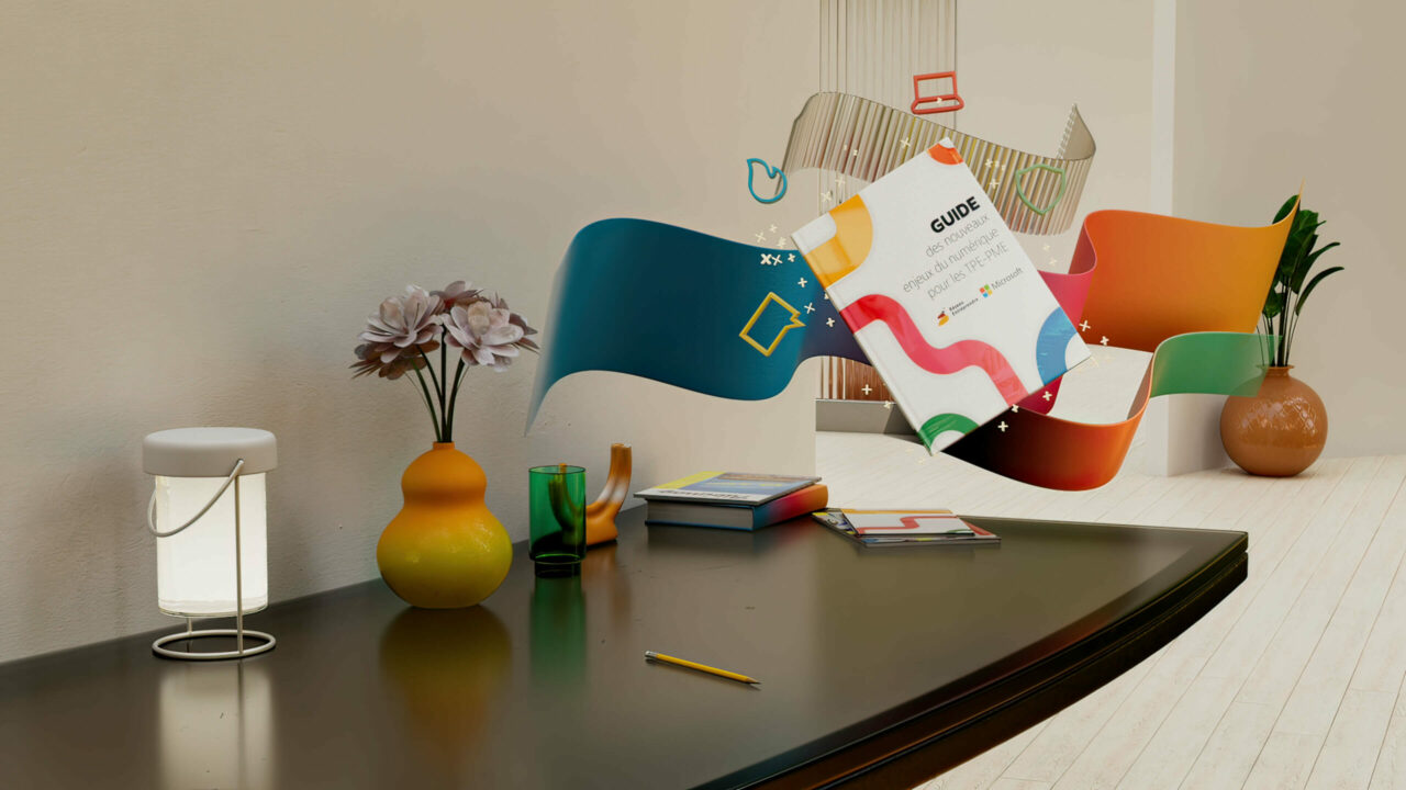 Le guide (par Réseau Entreprendre et Microsoft) flottant dans un au dessus d'un bureau, entouré de pictogramme de couleur.